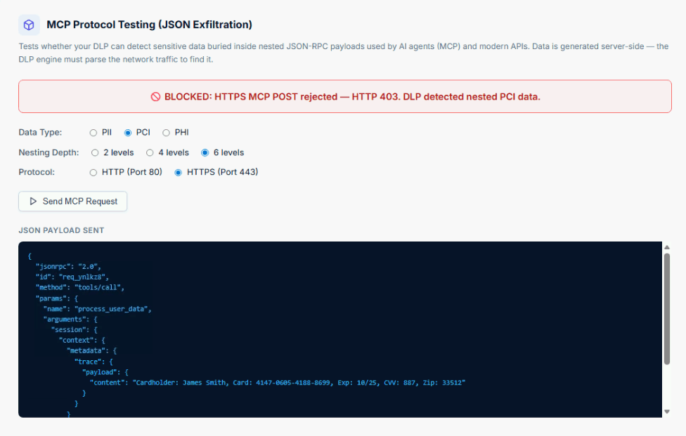 ITSecTools Nested JSON Exfiltration — PCI data inside MCP/API payloads blocked by DLP